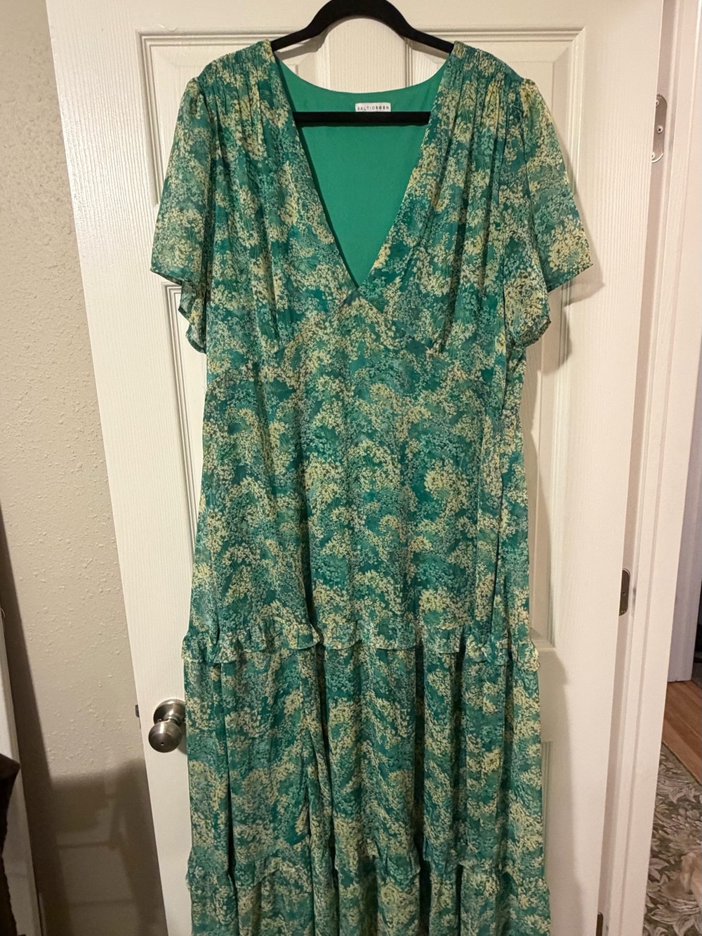 Baltic Born Teal Green Floral V-Neck Tiered Maxi Dress